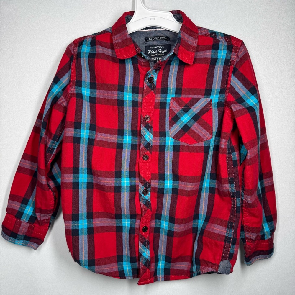 ❤️3/$30 Lucky Brand Boys Hooded(removable) Plaid Shirt Shacket Red/Blue Size 5/6 - Picture 2 of 9
